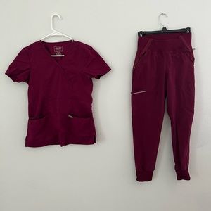 Cherokee Maroon Scrubs, Bottoms are Infinity brand, Top is Revolution Brand